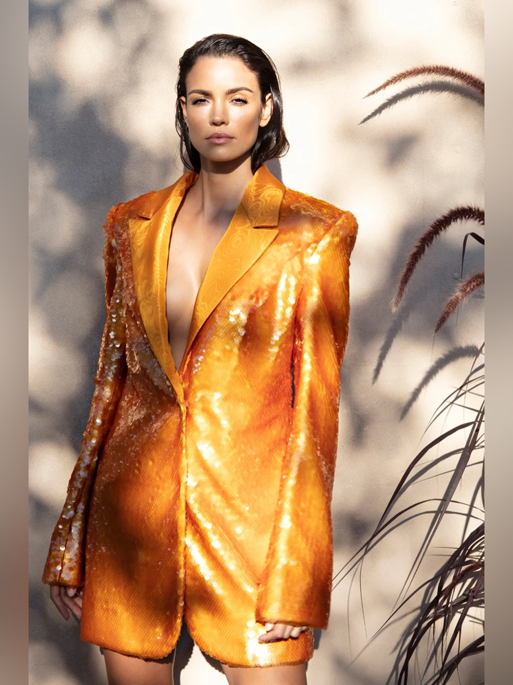 Jean Louis Sabaji Oversized Orange Sequined Glamour Mini Blazer Dress with Skirt